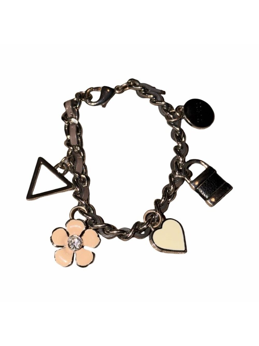 Vintage Y2K GUESS Charm Bracelet Chunky Silver colored Pink Leather Woven Chain